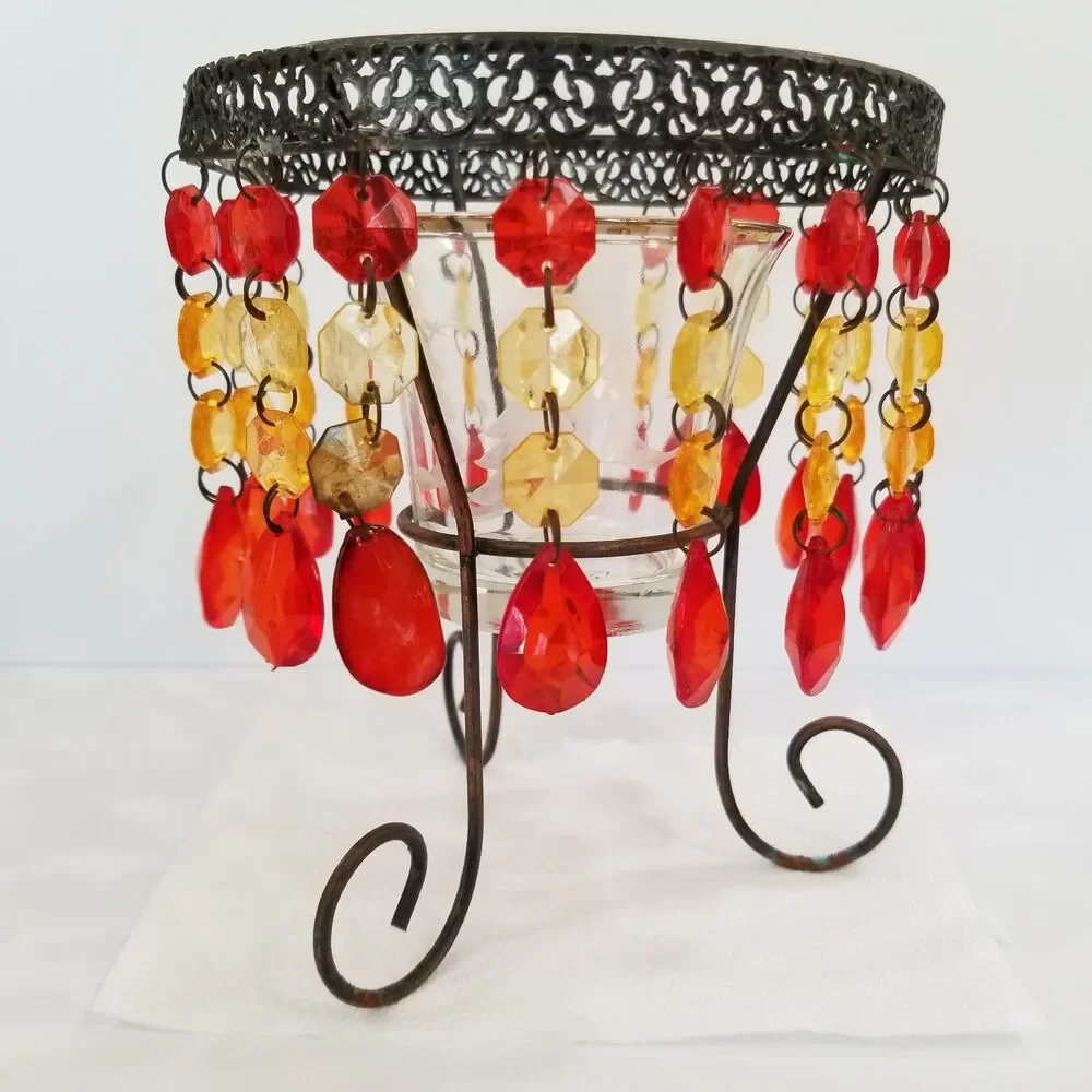 Yankee Candle Beaded Metal Votive Holder with Glass Insert – Boho Style
